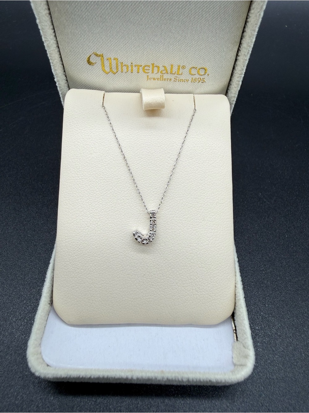 Whitehall 14K White Gold Initial J Pendant Necklace 18” Clear Stones 1.2g Box